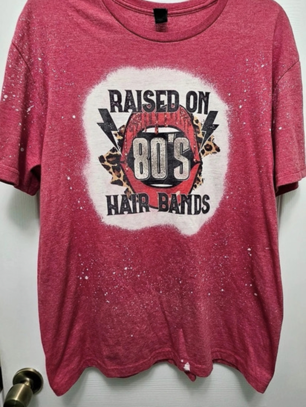 Raised On 80's Hair Bands Bleached Heather Red Graphic T-Shirt - Size Large